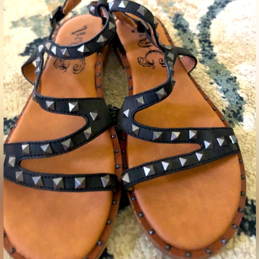 Very G Black Strappy Studded Sandals